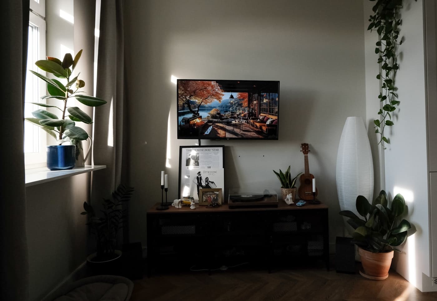 Large smart TV displaying vivid content in a bright modern living room